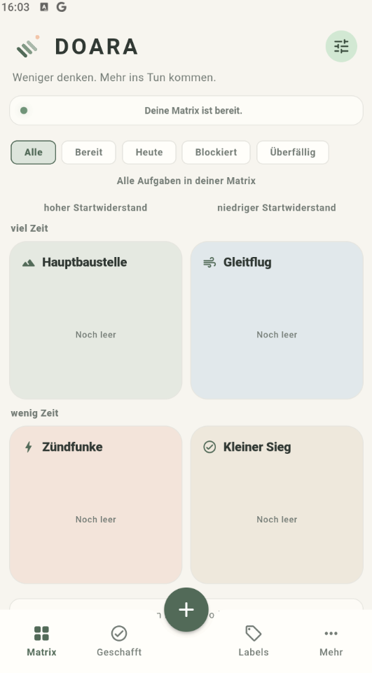 DOARA Matrix mit Hauptbaustelle, Gleitflug, Zündfunke und Kleiner Sieg